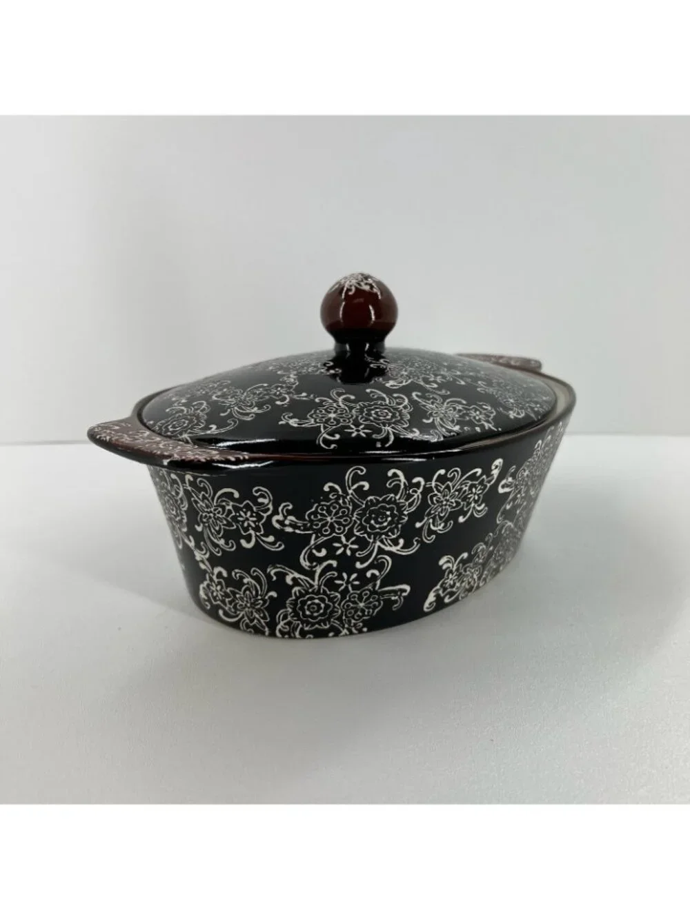 Blue Harbor Rare Ceramic Oval Casserole Dish Covered Baker Lid Oven Safe Black